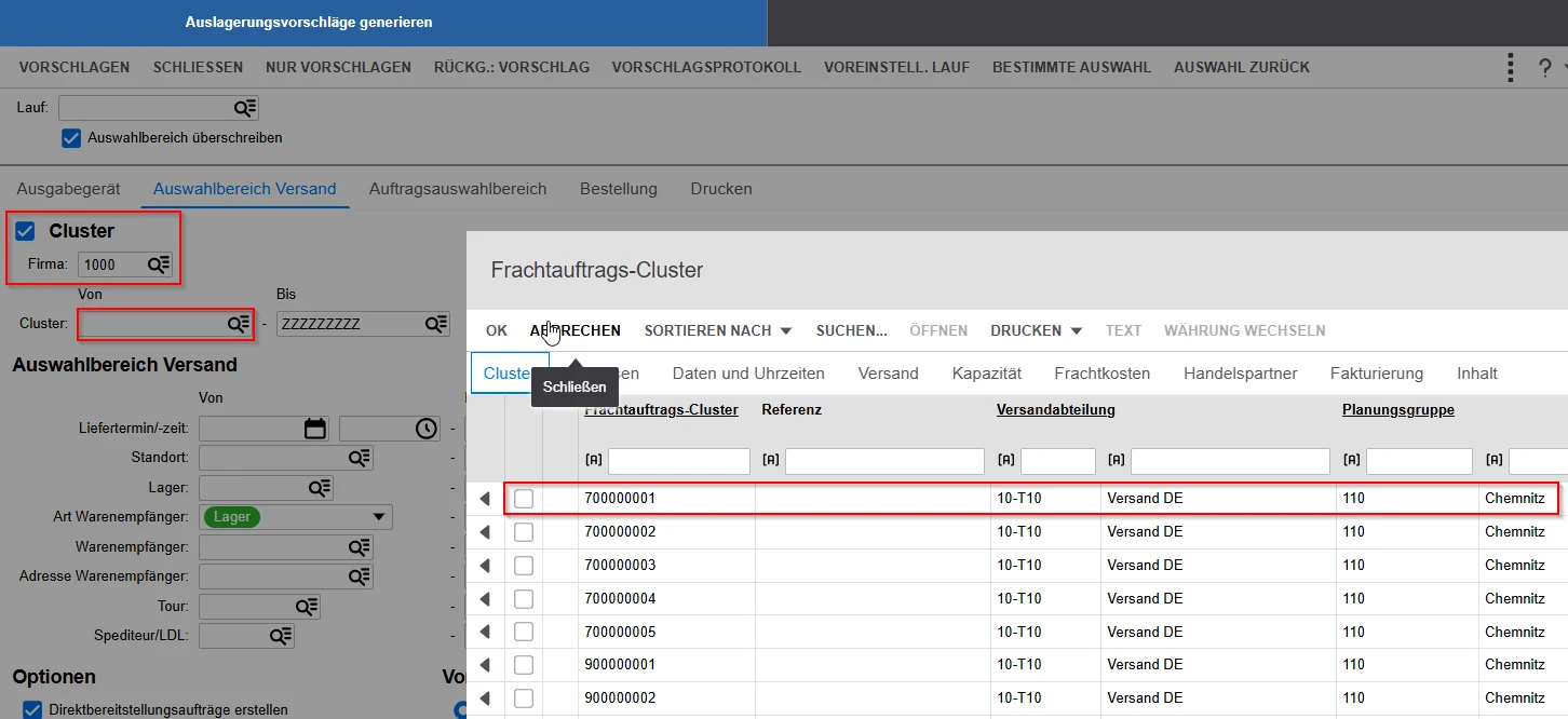 Frachtauftrags-Cluster Frachtauftragscluster